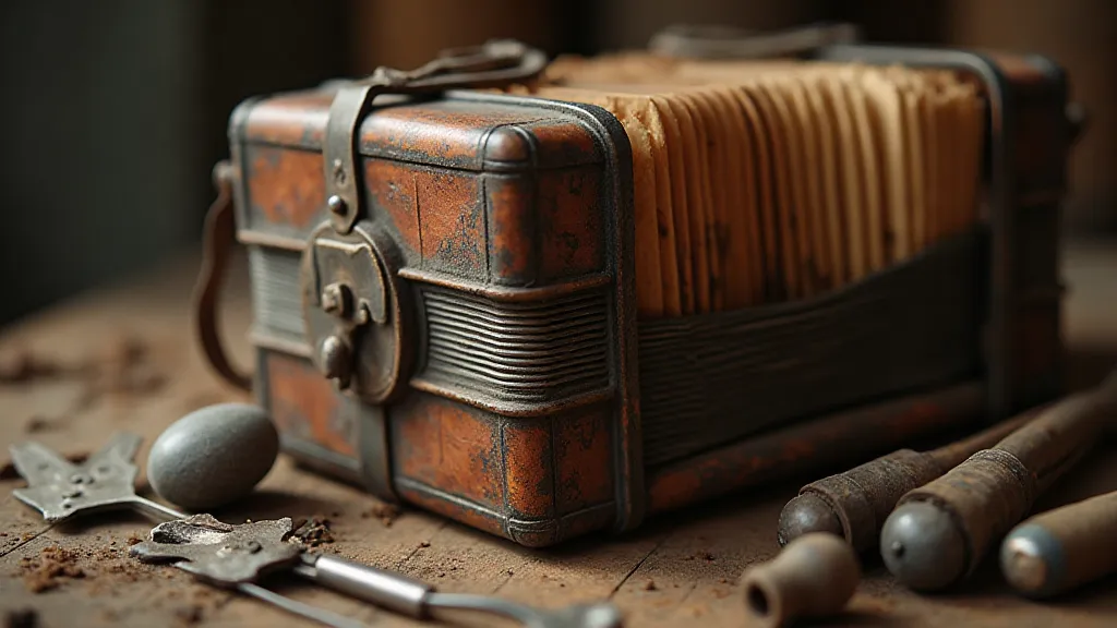 Antique accordion showing its internal mechanism.