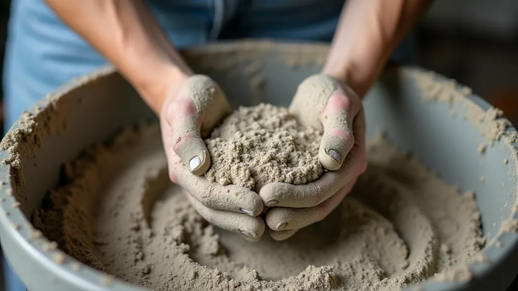 Hands mixing concrete