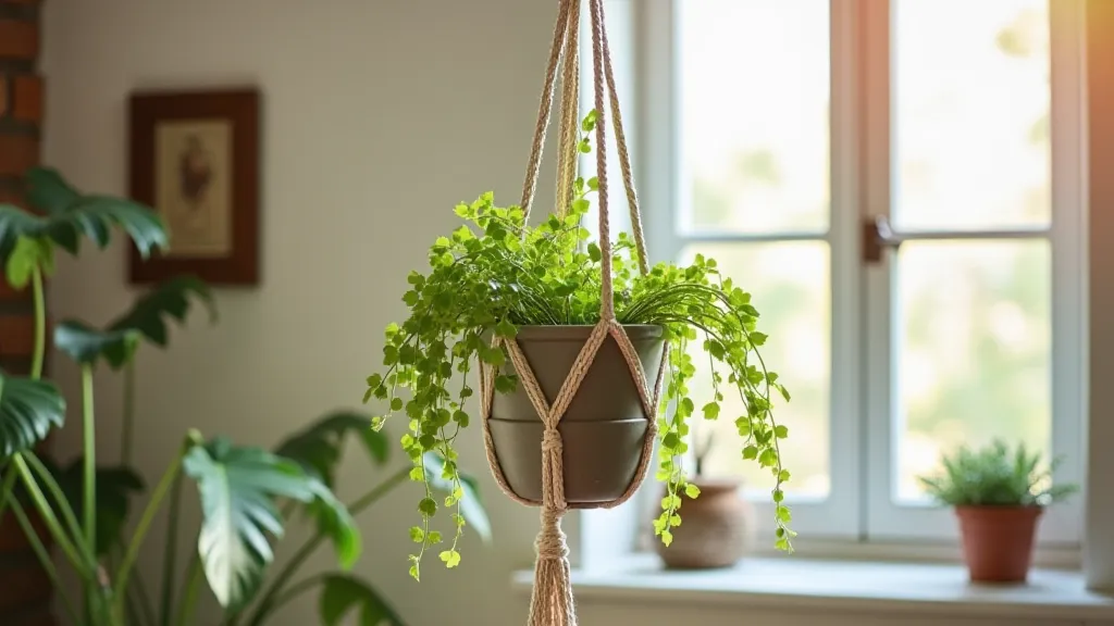 Finished macrame plant hanger with a plant