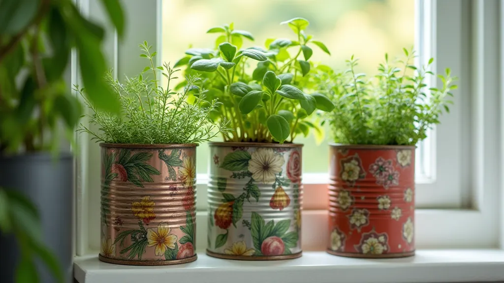 Finished tin can planters with herbs.