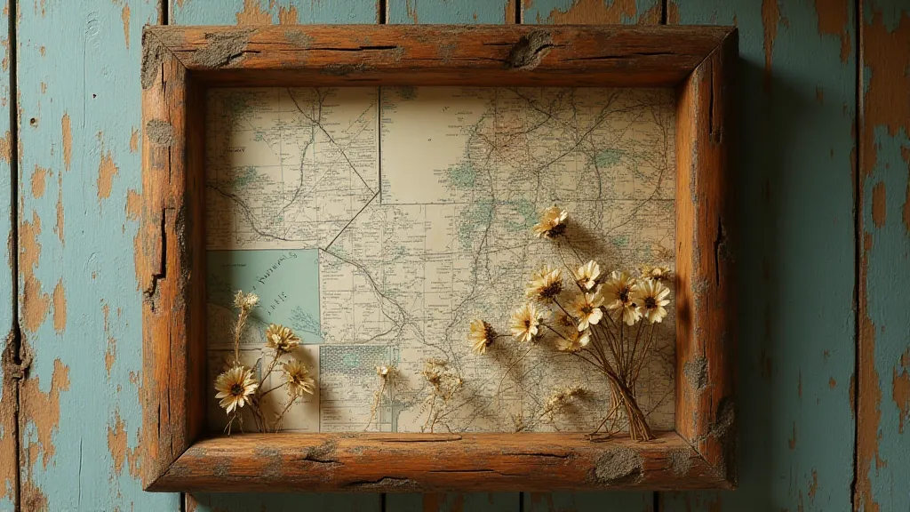 Layered wall decor with vintage maps and pressed flowers