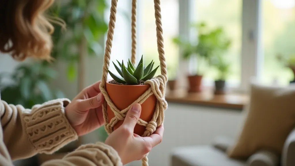 Placing a pot in a macrame hanger