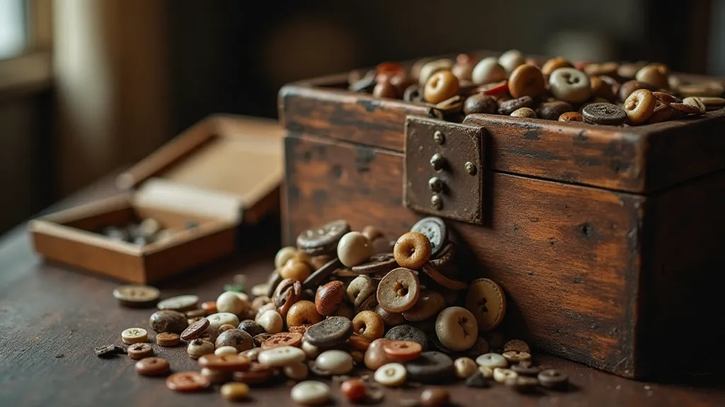 Antique wooden chest overflowing with vintage buttons.