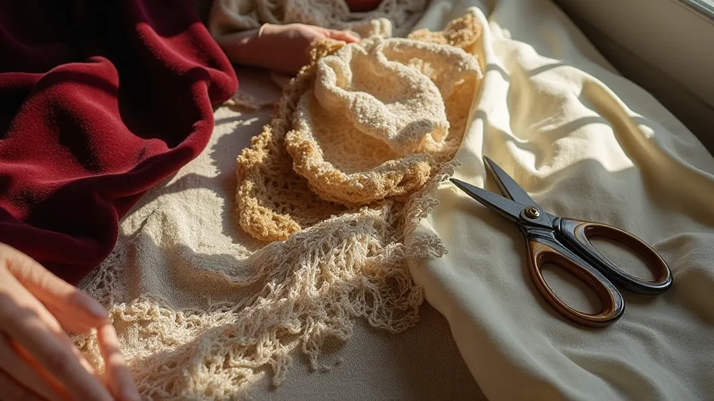 Assorted vintage fabrics, including velvet, linen, lace, and burlap.