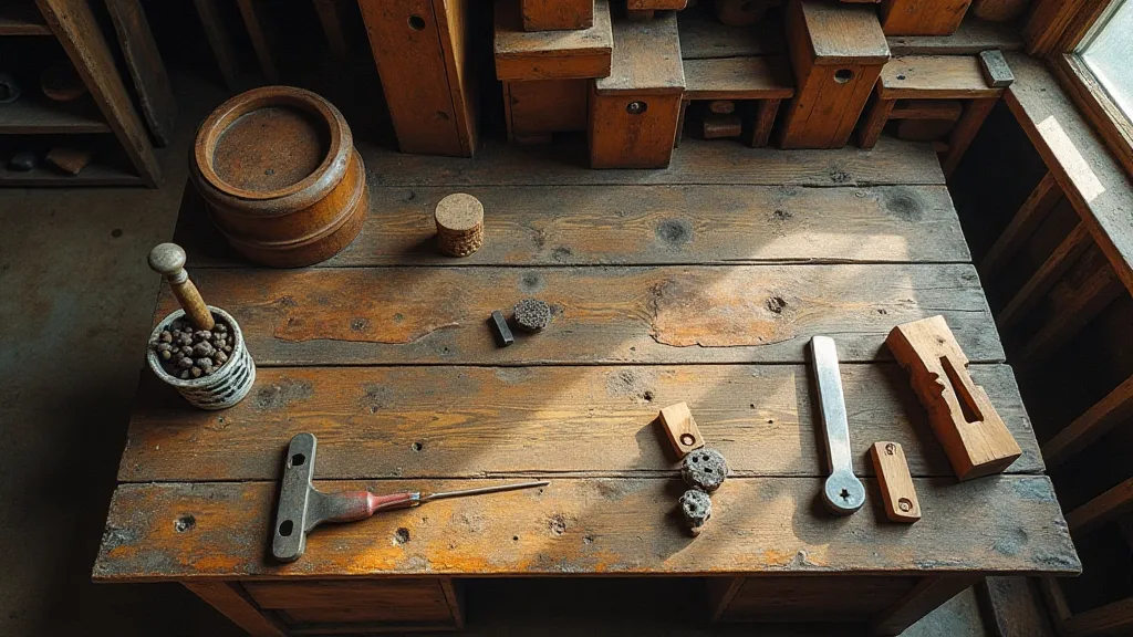 Distressed wooden workbench detail